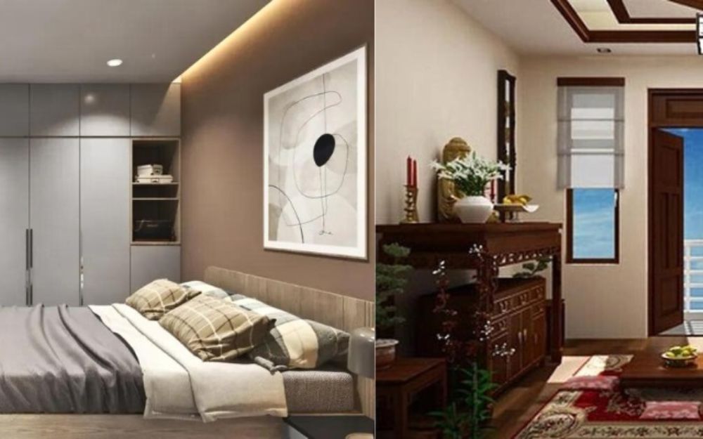 Phòng ngủ sau lưng bàn thờ là không gian nghỉ ngơi được bố trí ngay phía sau vách tường đặt bàn thờ