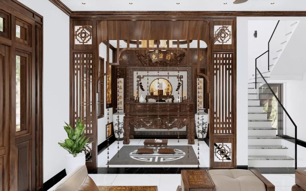 Trong kiến trúc nhà ba gian truyền thống, gian giữa là nơi đặt bàn thờ tổ tiên