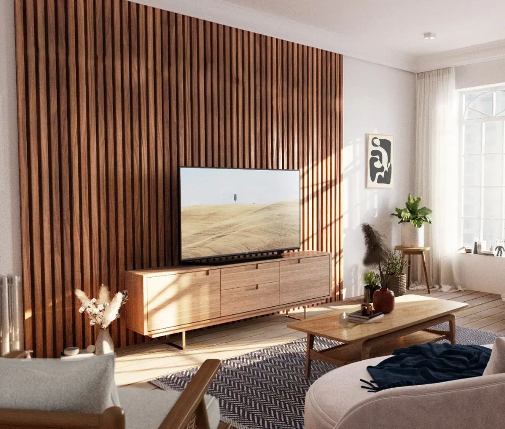 Ốp vách gỗ sau kệ tivi là vị trí lý tưởng để tạo điểm nhấn cho phòng khách